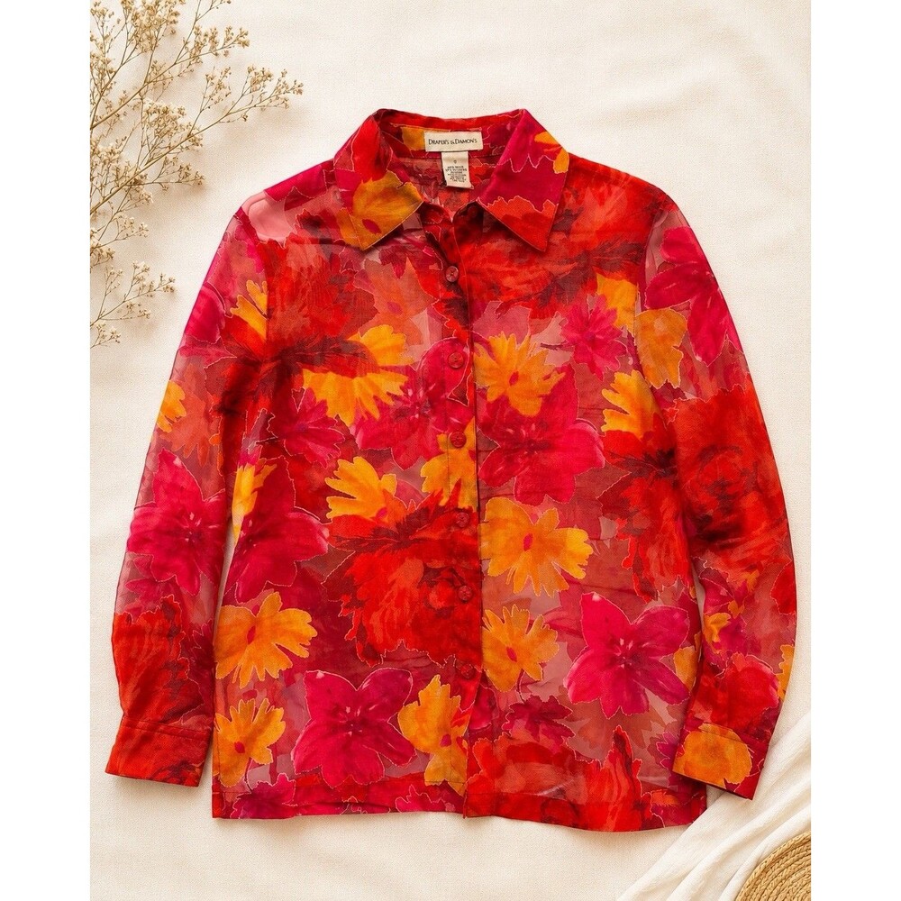 Draper's & Damon's Women's S Sheer Floral Button Blouse Rayon Linen Red